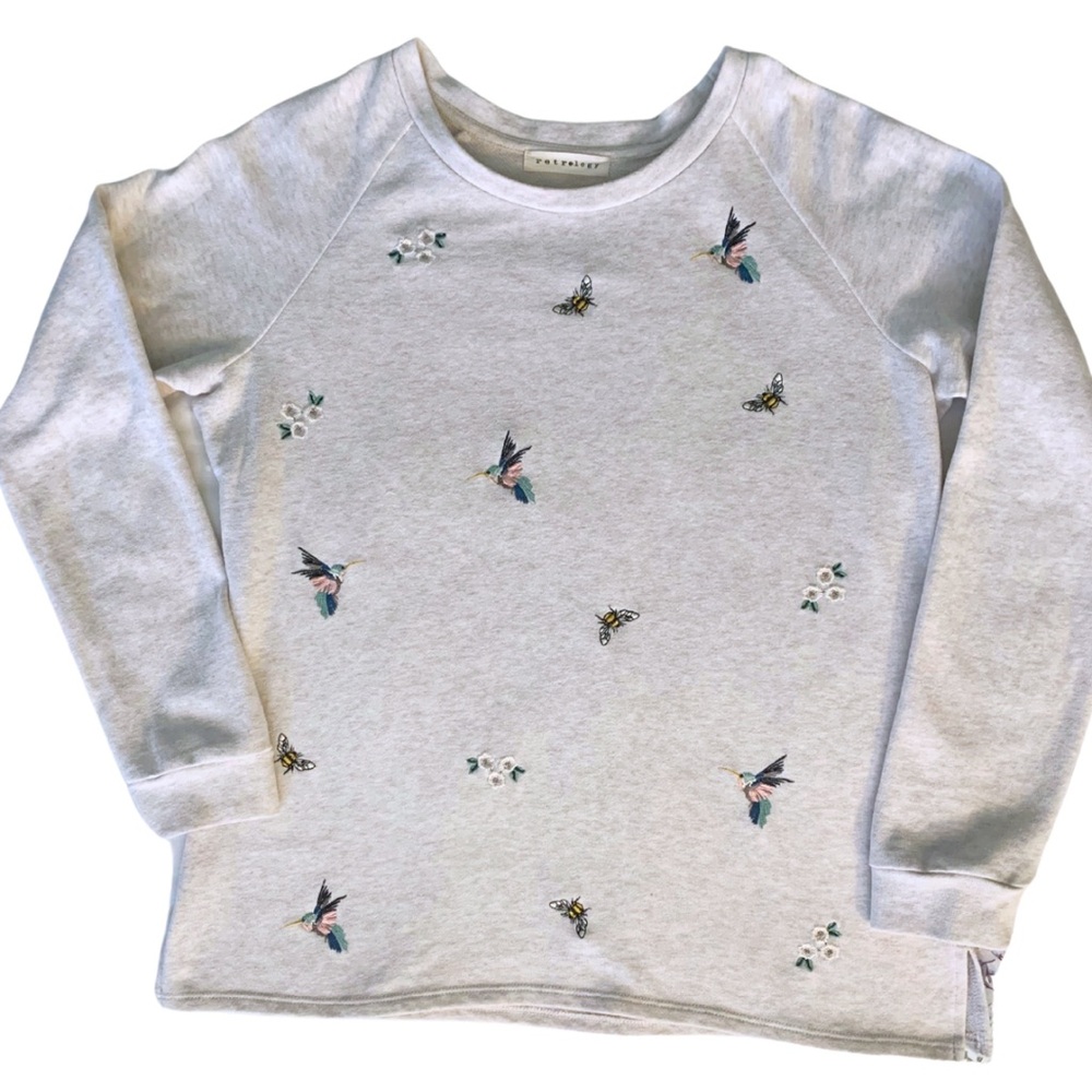 2/$30 Retrology Beige Gray Flower Bird Bee Print Sweatshirt Sweater Size Medium